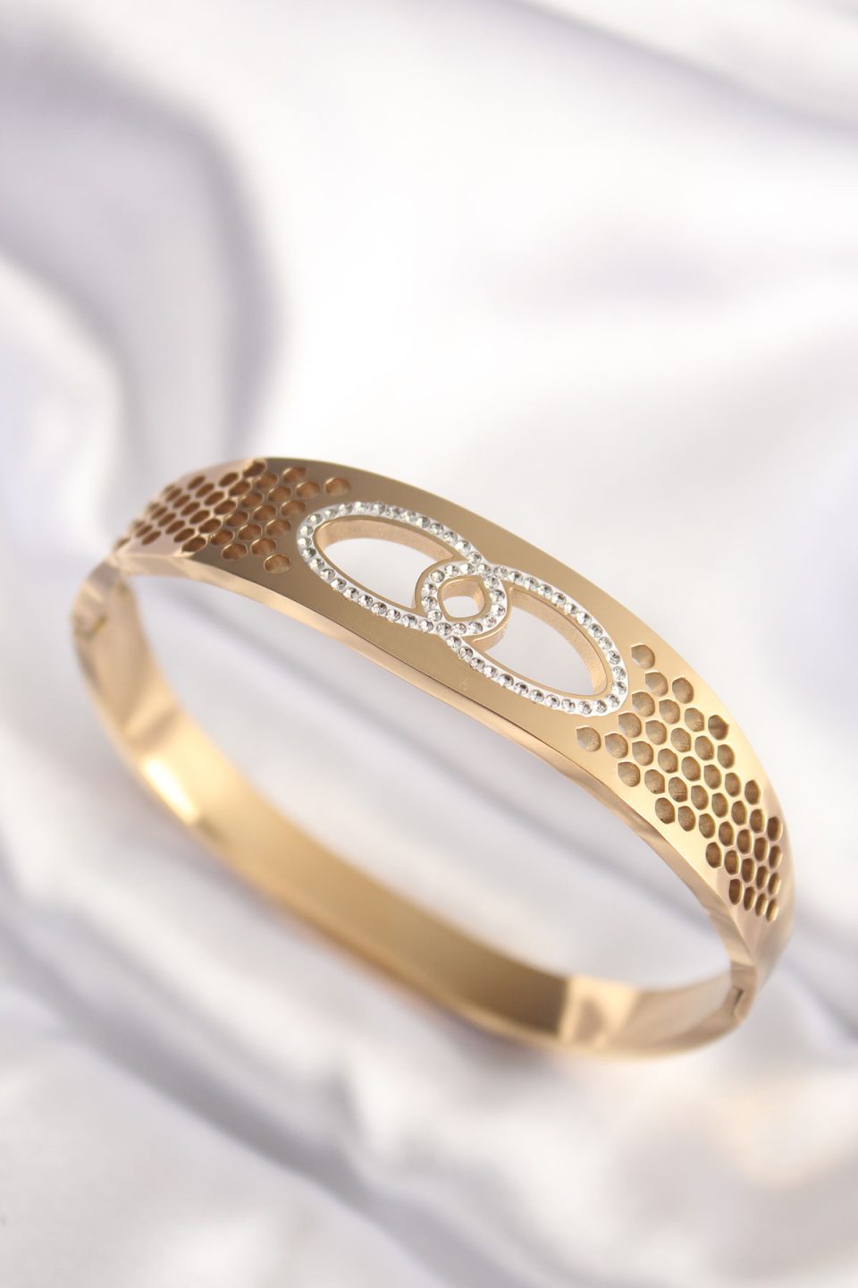 Shekka 316L Çelik Gold Renk Zirkon Taşlı Kadın Kelepçe Bilezik