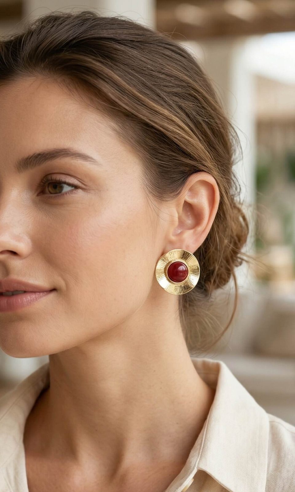 Shekka Vintage Model Bordo Gold Renk Pirinç Kadın Küpe