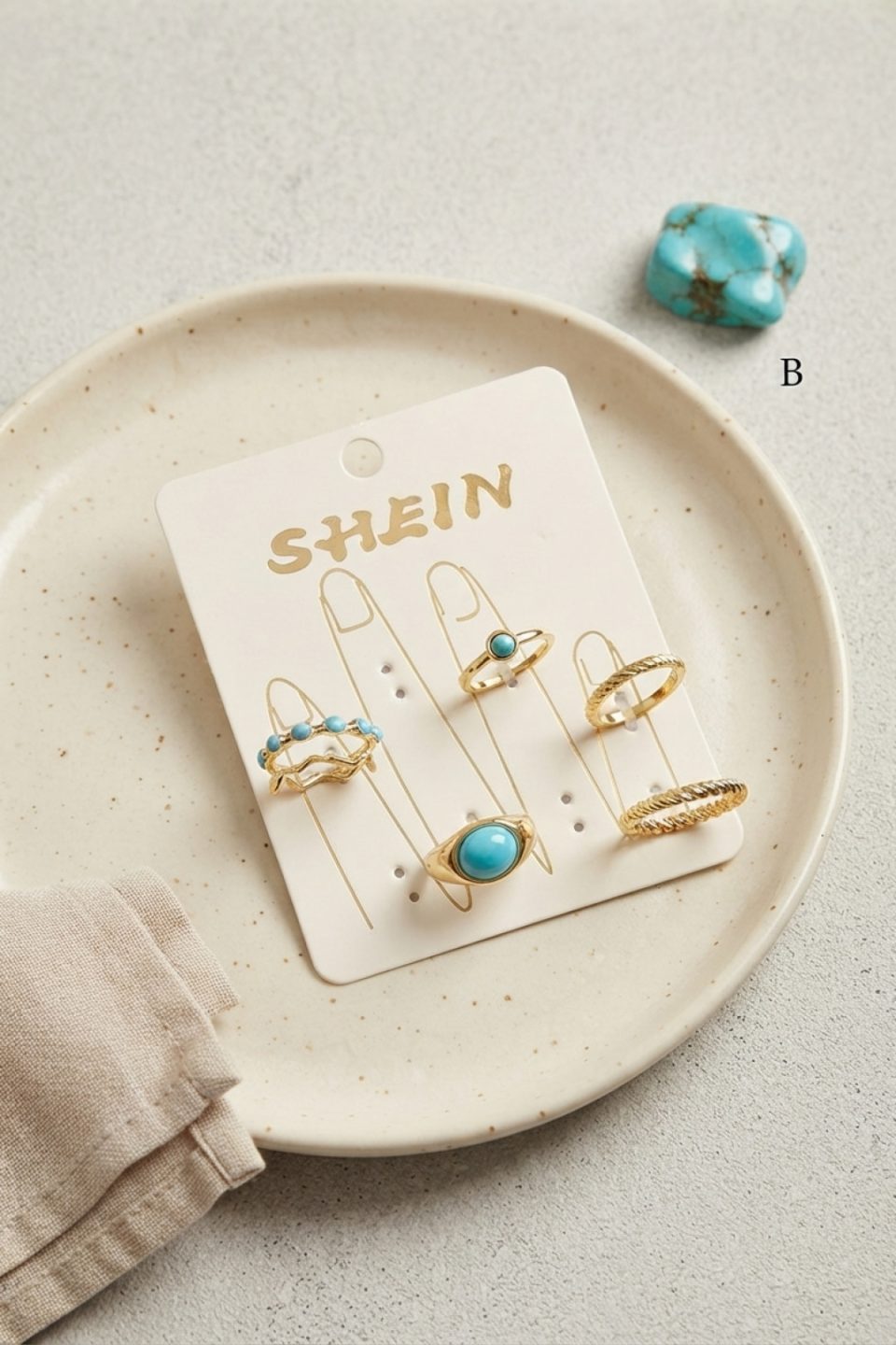 Shekka Gold Renk Pirinç Mavi Taş Detaylı Bohem Yüzük Kombini BYK4276