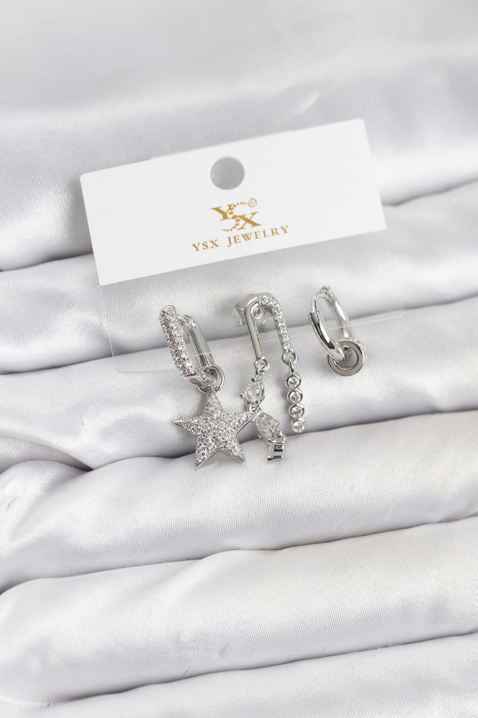 Shekka Pirinç Gümüş Renk Zirkon Taşlı Yıldız Vintage Model YSX Trio Küpe Seti