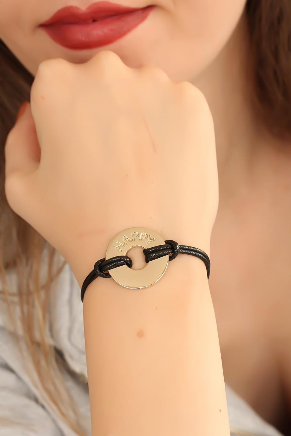 Shekka HAPPY (Mutlu) Siyah Deri İpli Unisex Mood Bileklik