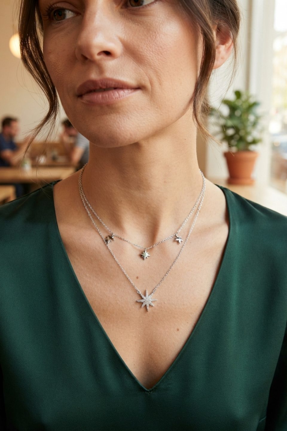 Shekka Pirinç Gümüş Renk Zirkon Taşlı Kutup Yıldızı Model 2'li Kadın Kolye — görsel 2