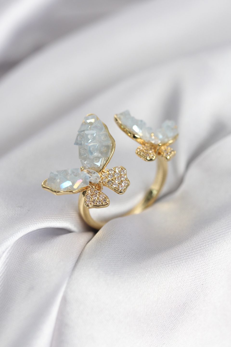 Shekka Gold Renk Mavi Kelebek Model Zirkon Taşlı Kadın Yüzük