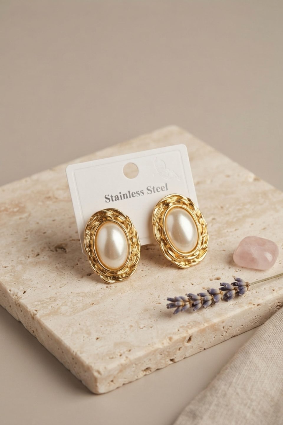 Shekka 316L Gold Renk Gold Renk Vintage Beyaz İncili Model Küpe