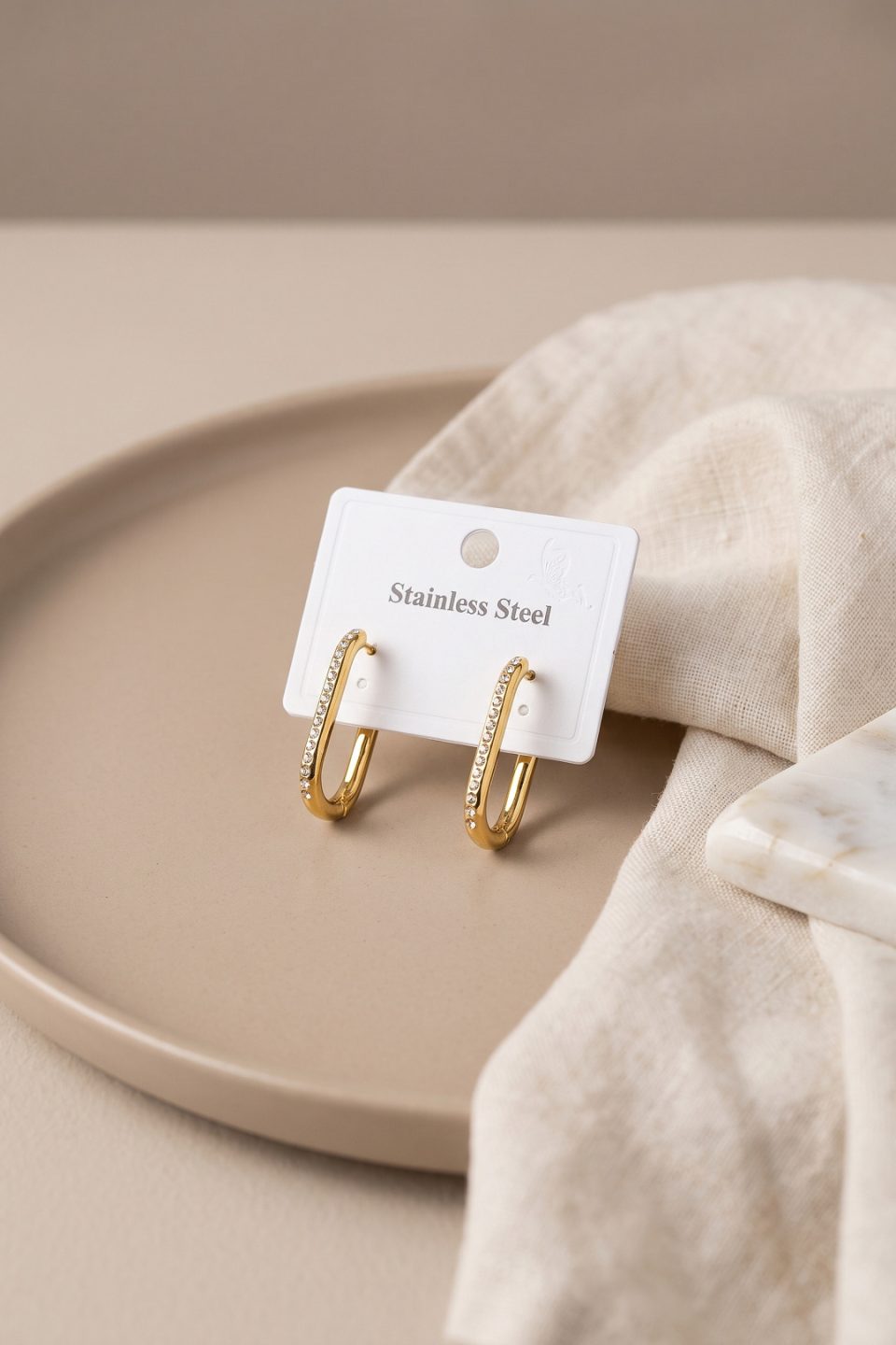 Shekka 316L Çelik Gold Renk Zirkon Taşlı Kare Halka Küpe