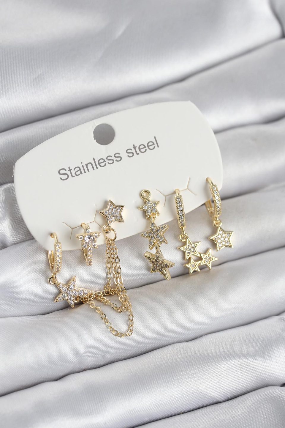 Shekka 316L Çelik Gold Renk 6'lı Set Zincirli Yıldız Modelli Kadın Küpe