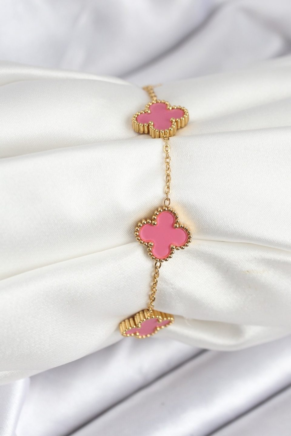 Shekka 316L Çelik Gold Zincir Pembe Yonca Renk Bileklik