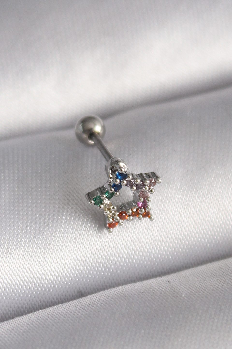 Shekka 316L Çelik Gümüş Renk Renkli Zirkon Taşlı Yıldız Model Tragus Piercing