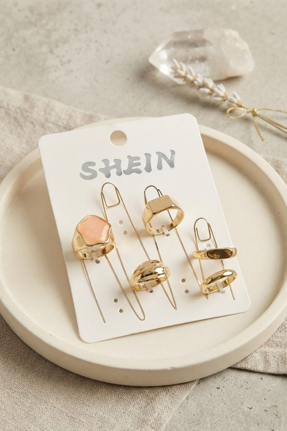 Shekka Gold Renk Pirinç Pembe Taş Detaylı Bohem Yüzük Kombini BYK4285