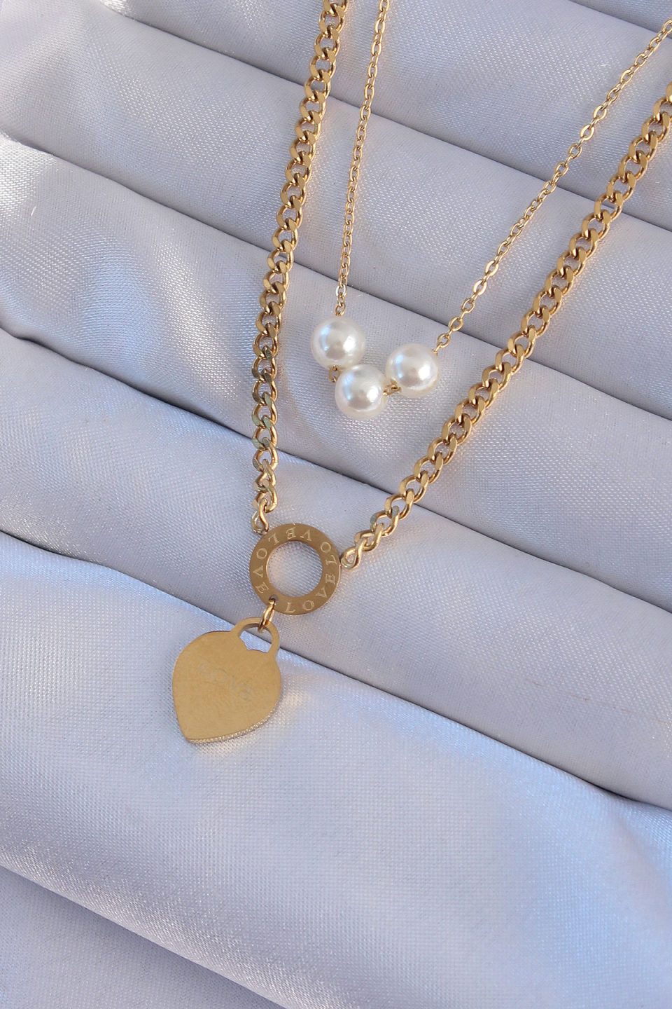 Shekka 316L Çelik Gold Renk Çift Zincir İnci Detayı Love Kalp Kolye