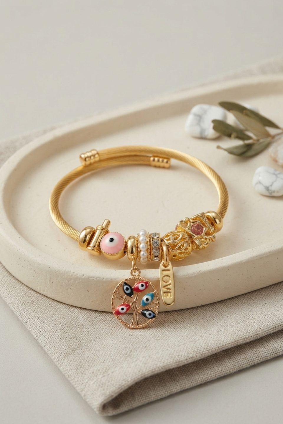Shekka Pembe Nazar Detaylı Ağaç Charmlı Bileklik