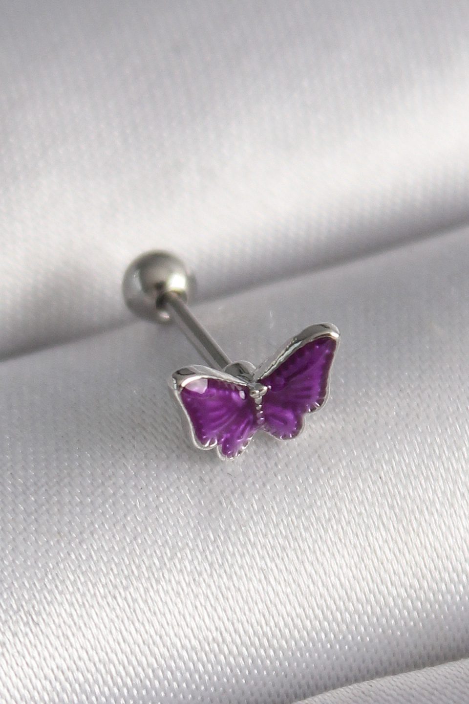 Shekka 316L Çelik Gümüş Renk Mor Kelebek Model Tragus Piercing
