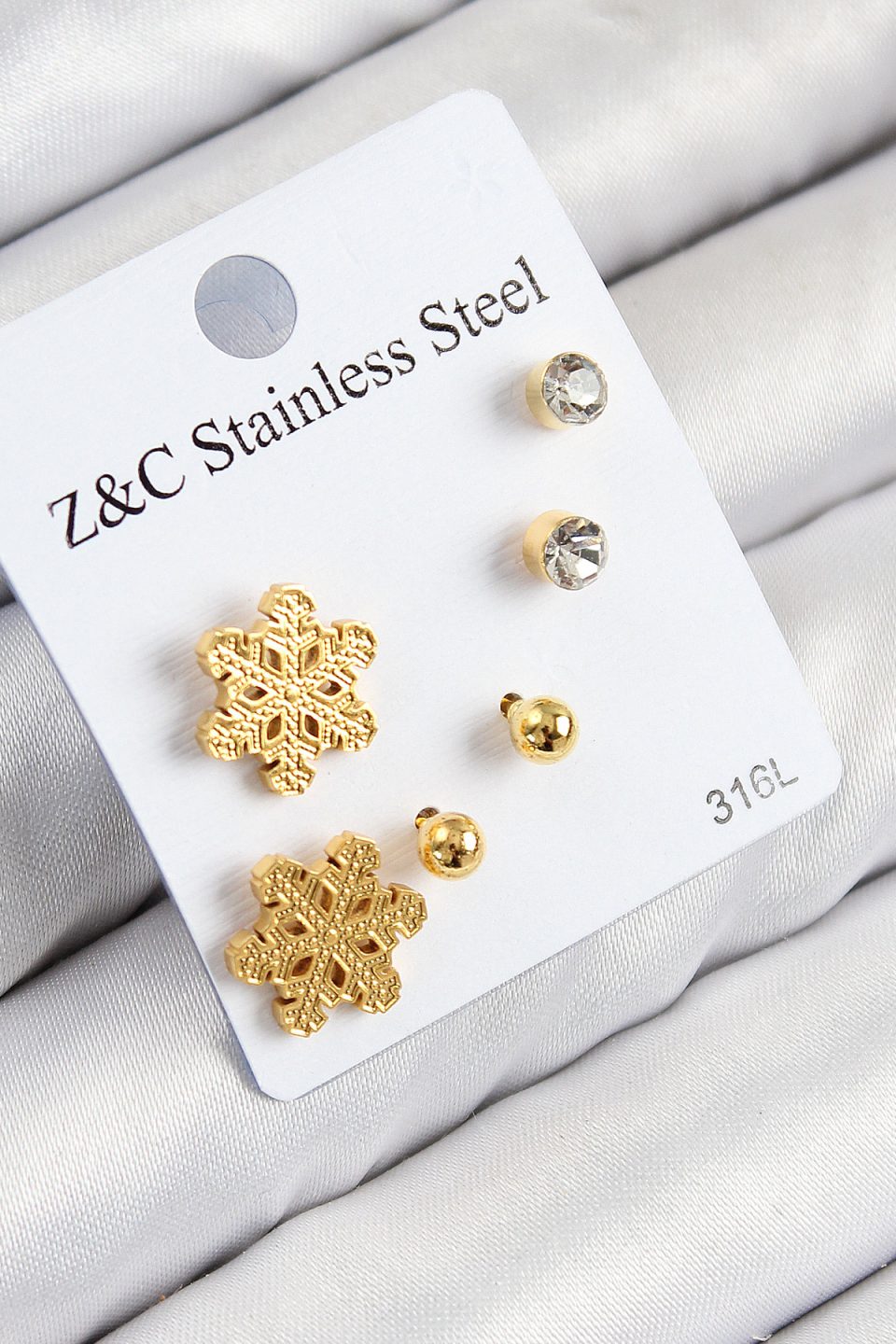 Shekka 316L Çelik Zirkon Taşlı Kar Tanesi Model Gold Renk Kadın Set Küpe