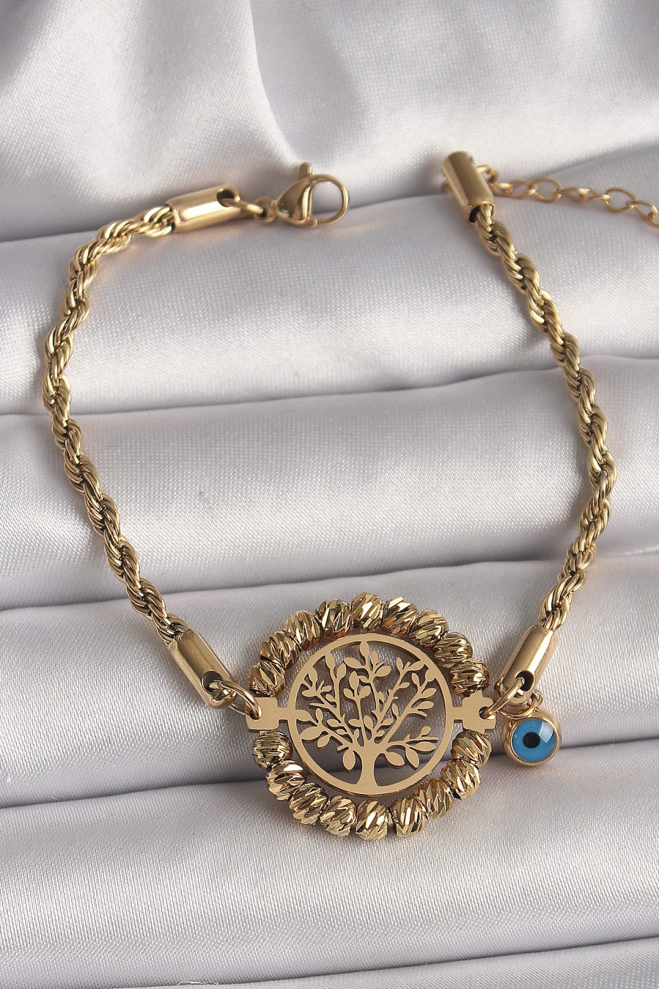 Shekka 316L Çelik Gold Renk Burgu Zincir Model Dorika Yaşam Ağacı Figür Nazar Boncuk Detay Kadın Bileklik