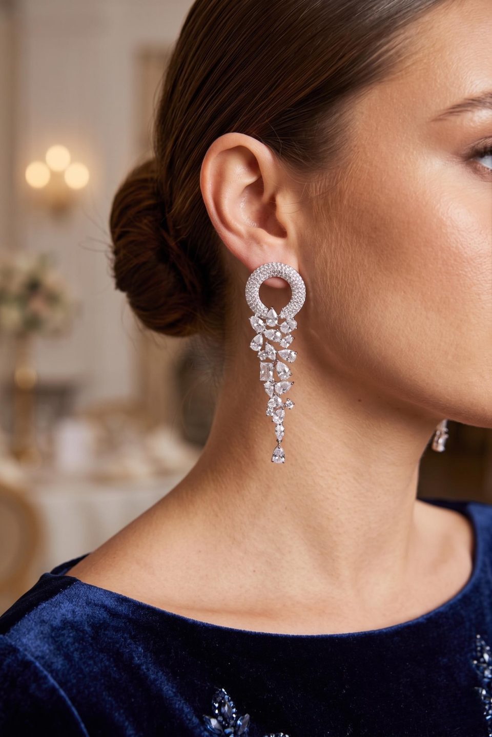 Shekka Gümüş Renk Zirkon Taşlı Saçaklı Model Kadın Abiye Küpe