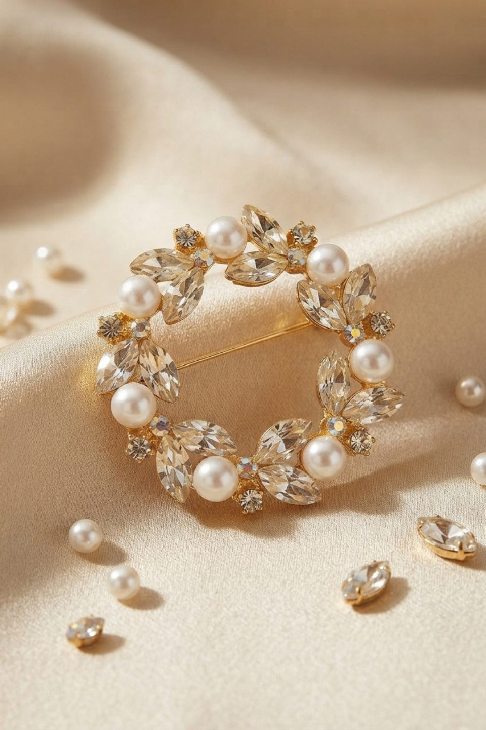 Shekka Gold Renk Zirkon Taşlı Çelenk Model Broş