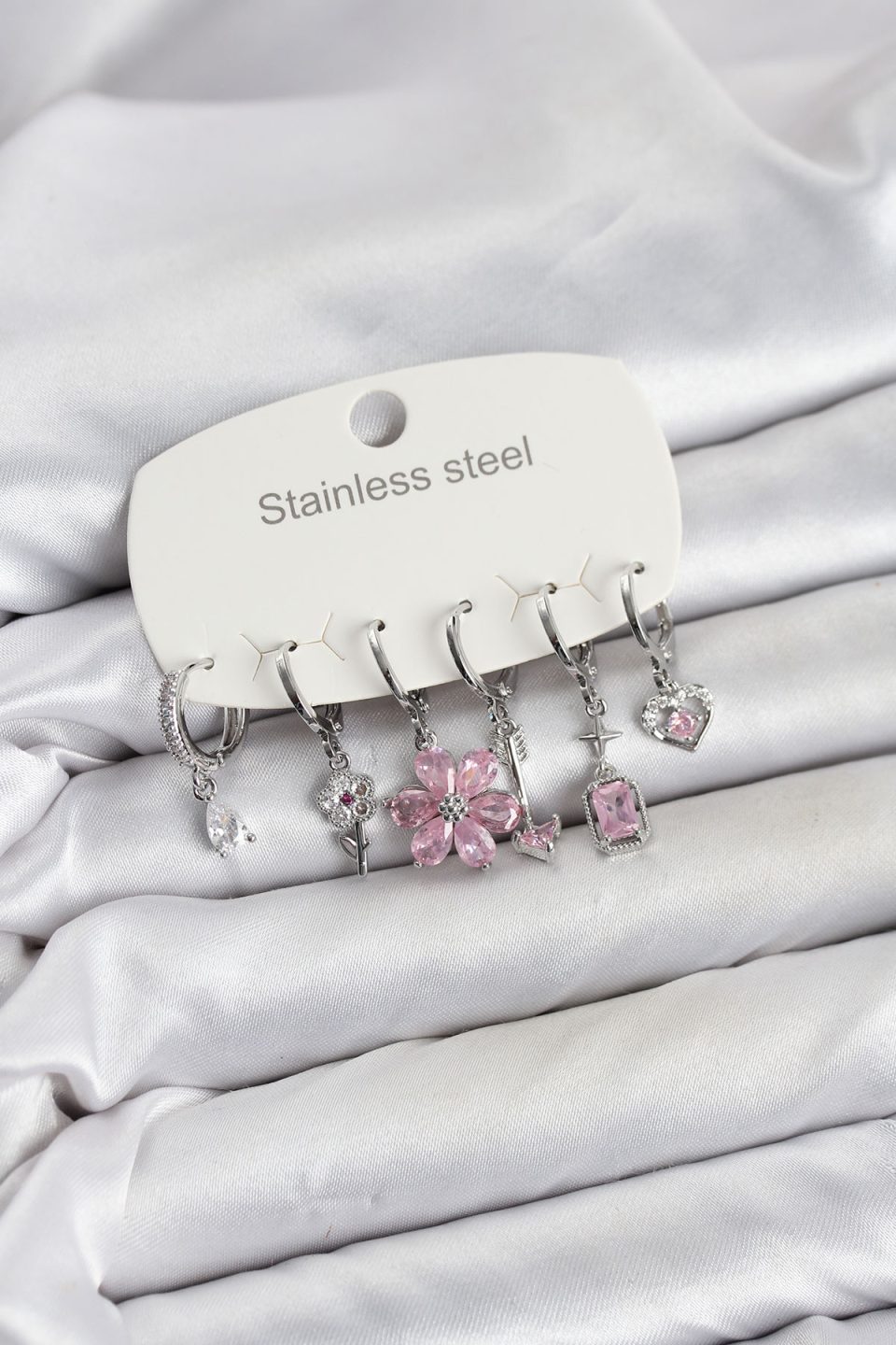 Shekka 316L Çelik Gümüş Renk Pembe Zirkon Taşlı Lotus Detaylı Kadın Küpe Seti
