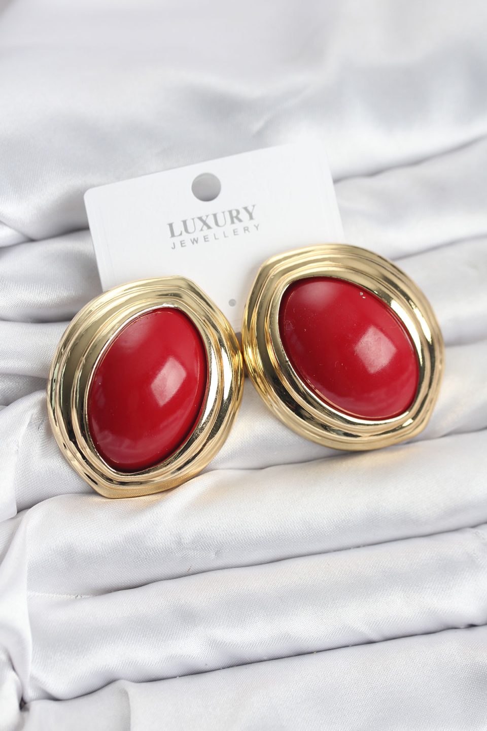 Shekka Pirinç Kırmızı Badem Model Vintage Gold Kadın Küpe