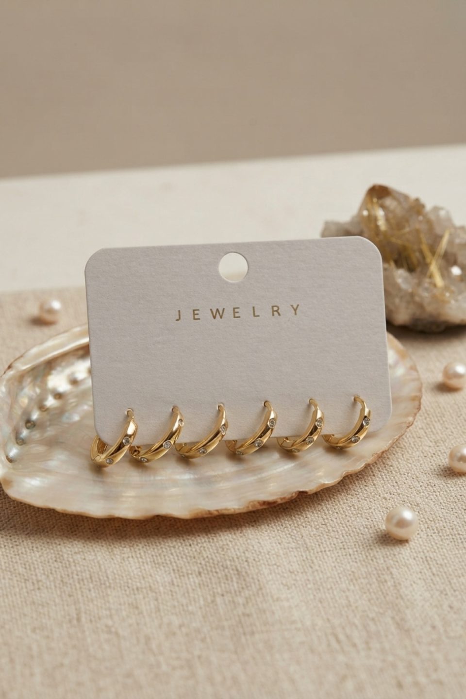 Shekka Gold Renk Pirinç Zirkon Taşlı Halka Model 6'lı Kadın Küpe Seti