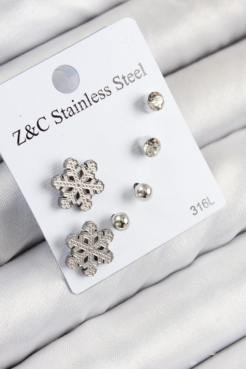 Shekka 316L Çelik Zirkon Taşlı Kar Tanesi Model Gümüş Renk Kadın Set Küpe