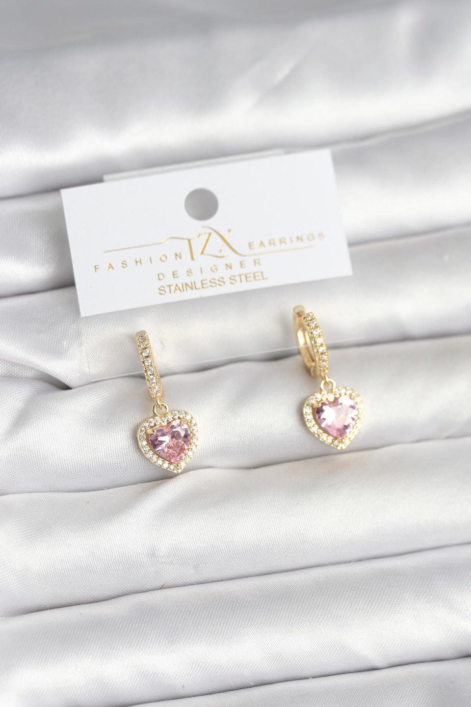 Shekka Pirinç Gold Pembe Renk Zirkon Taşlı Kalp Model Kadın Küpe