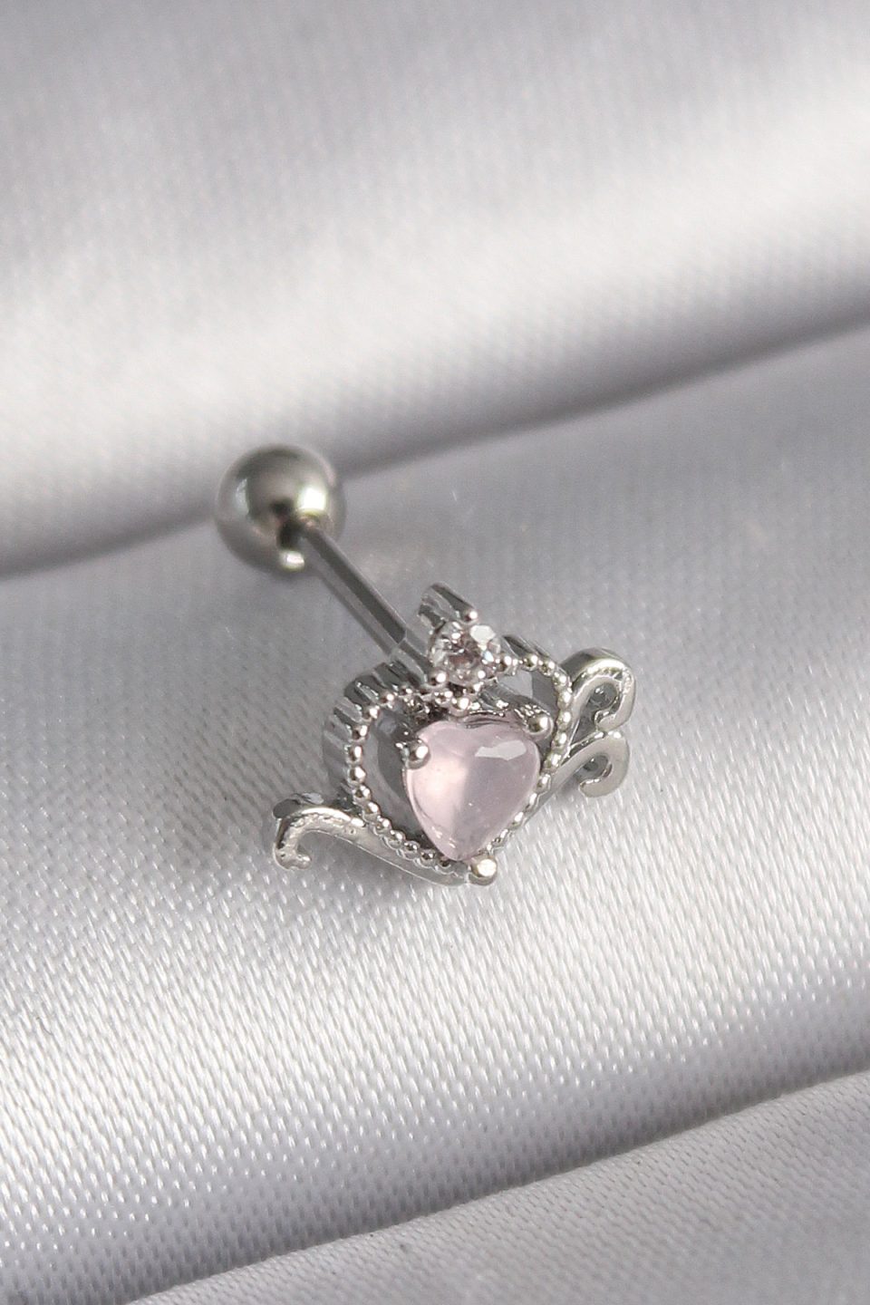 Shekka 316L Çelik Gümüş Renk Pembe Mineli Kalp Zirkon Taş Detay Tragus Piercing