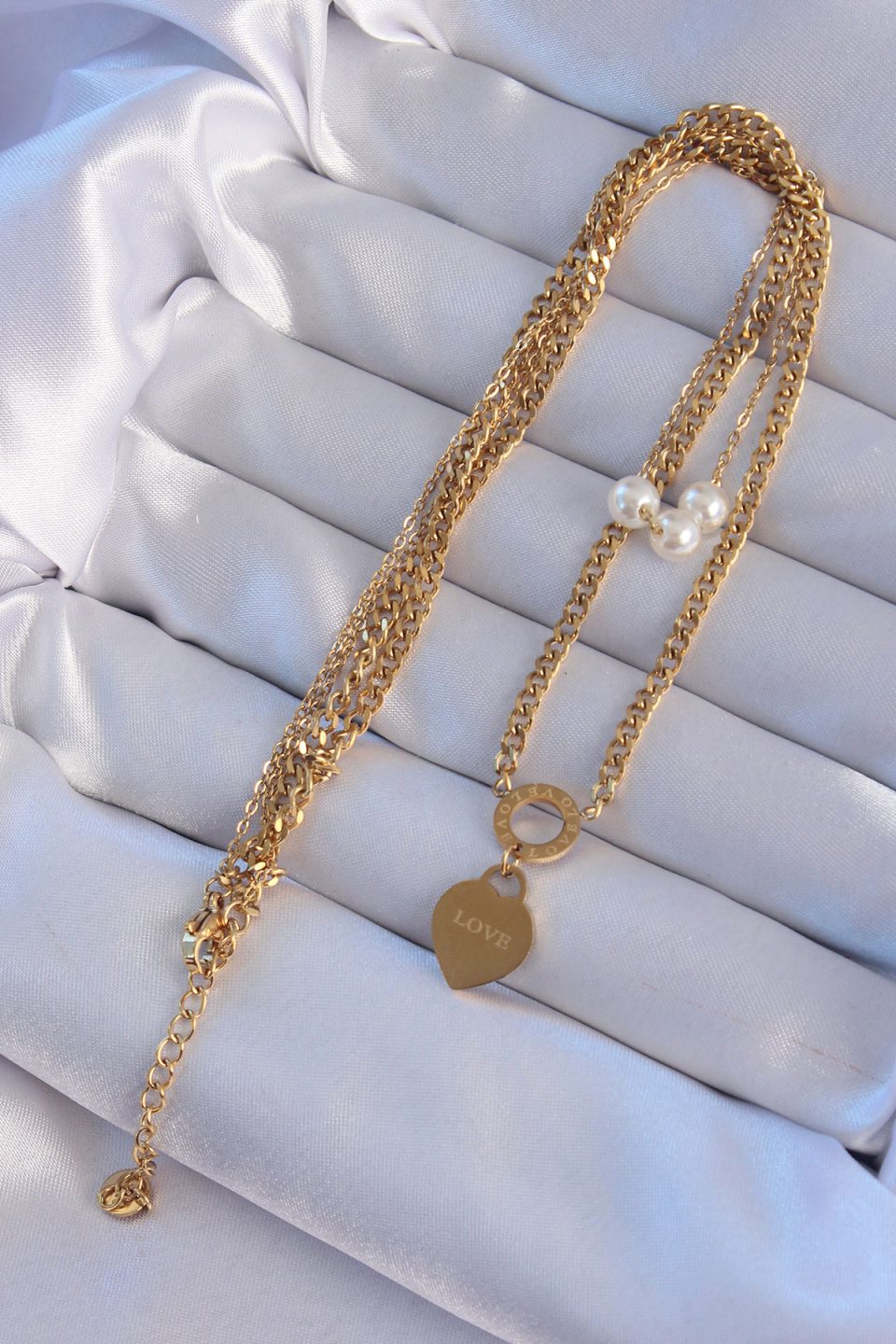 Shekka 316L Çelik Gold Renk Çift Zincir İnci Detayı Love Kalp Kolye — görsel 2