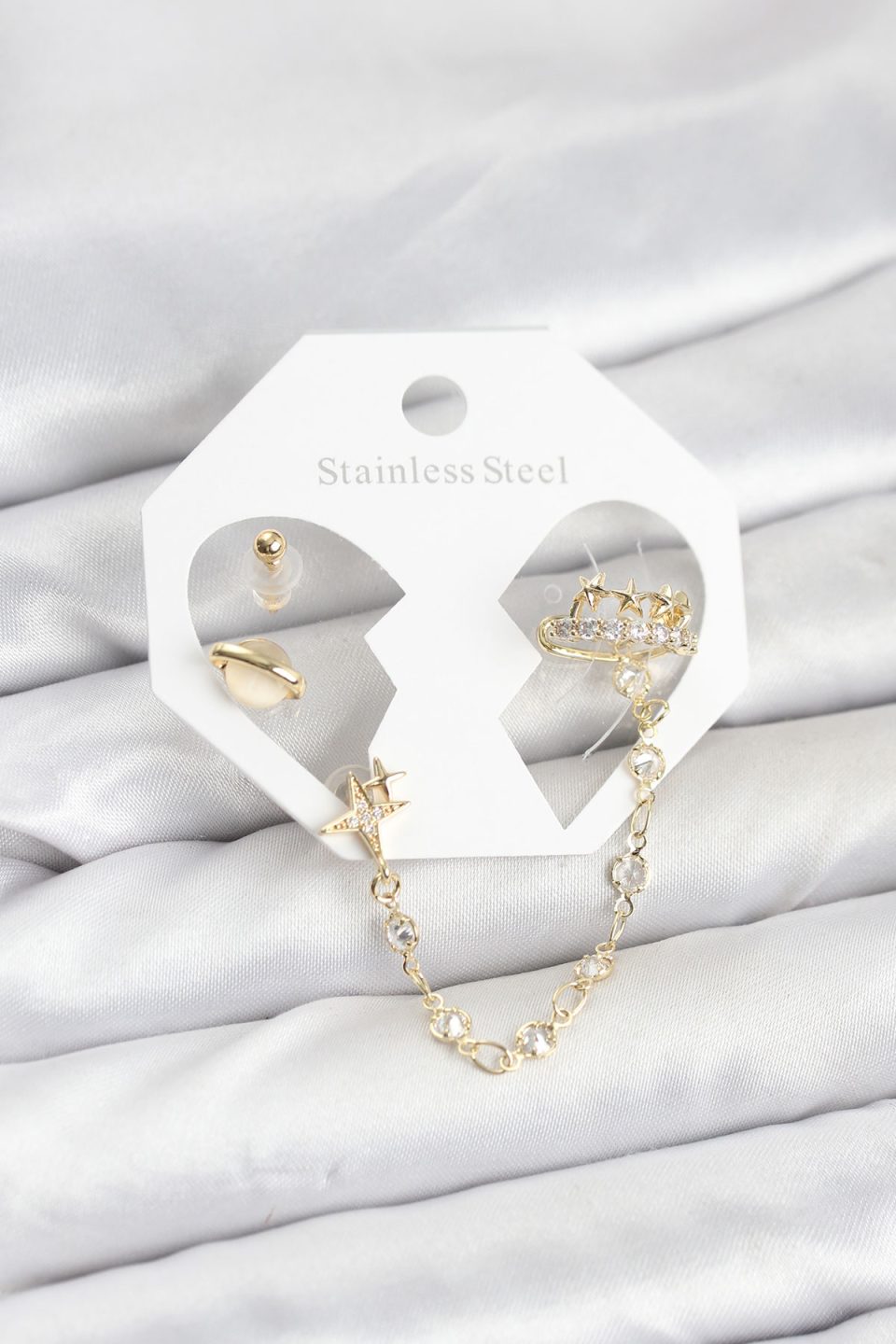 Shekka Pirinç Gold Renk Uzay Model Zincir Bağlantılı Ear Cuff Küpe Seti