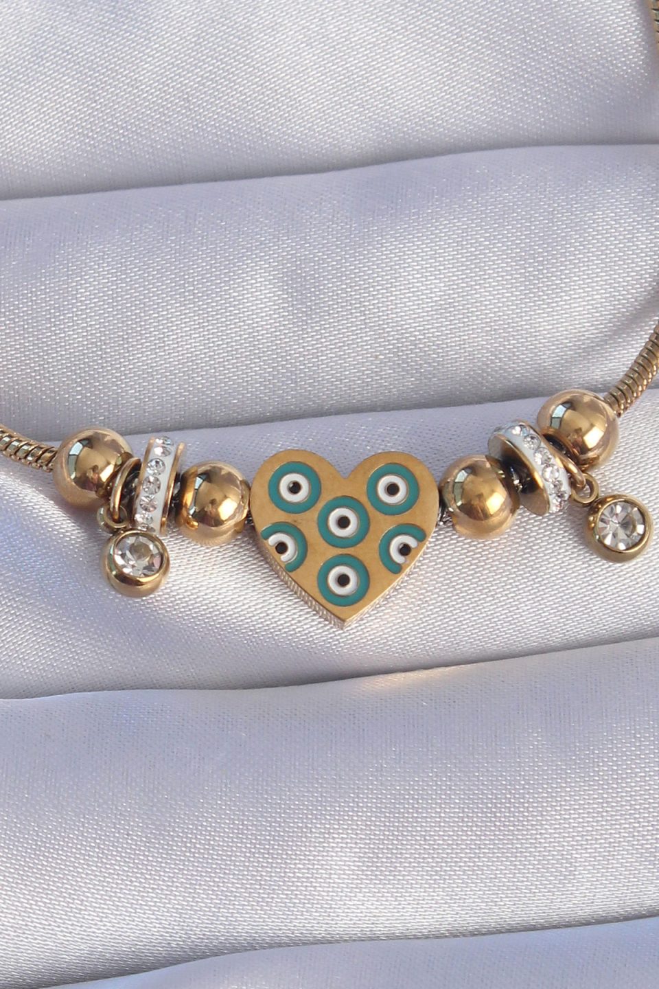 Shekka 316L Çelik Gold Renk Zirkon Taşlı Nazarlı Kalp Tasarımlı Bileklik — görsel 2