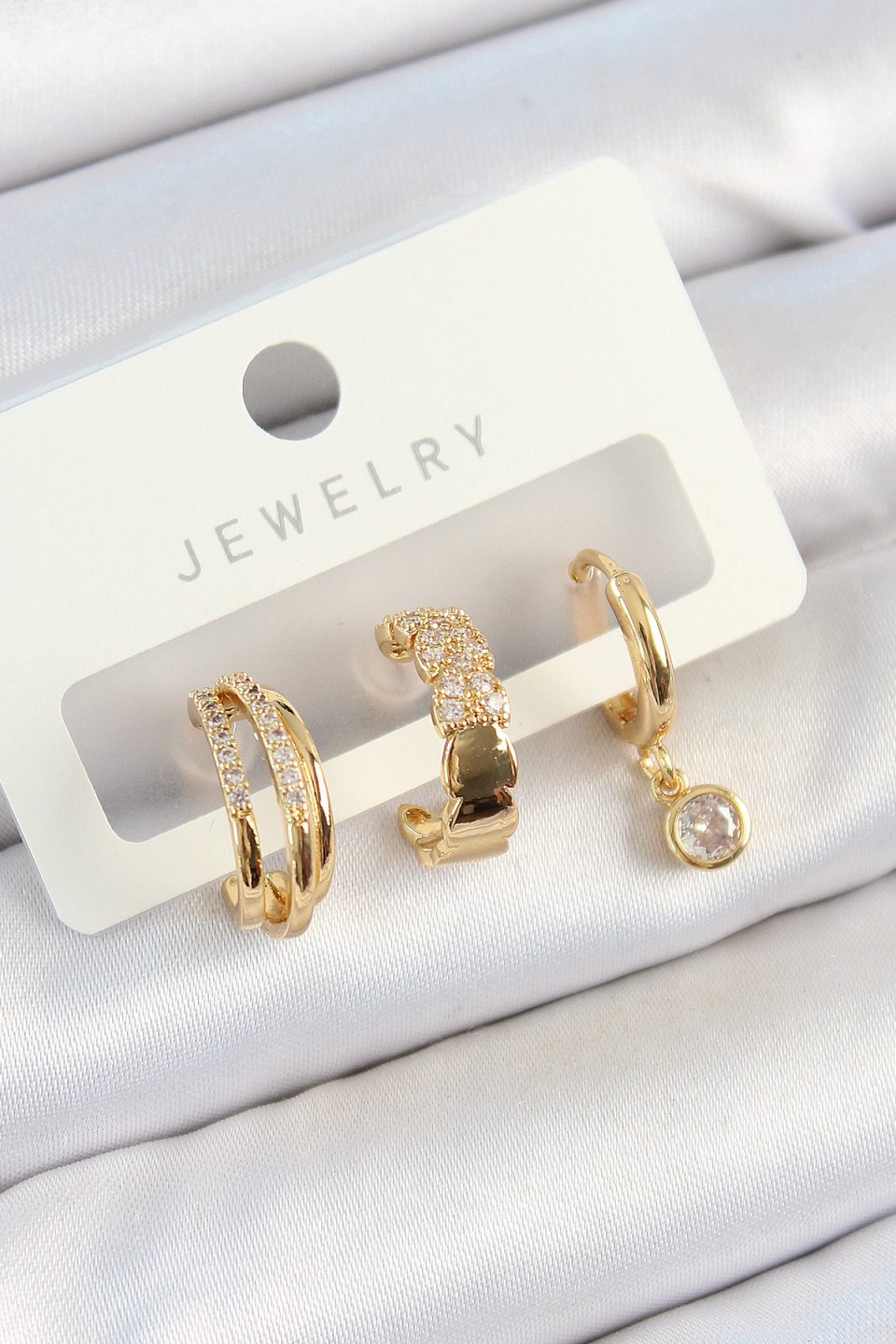 Shekka Pirinç Zirkon Taşlı Halka Model Gold Renk 3'lü Çift Kadın Küpe Set