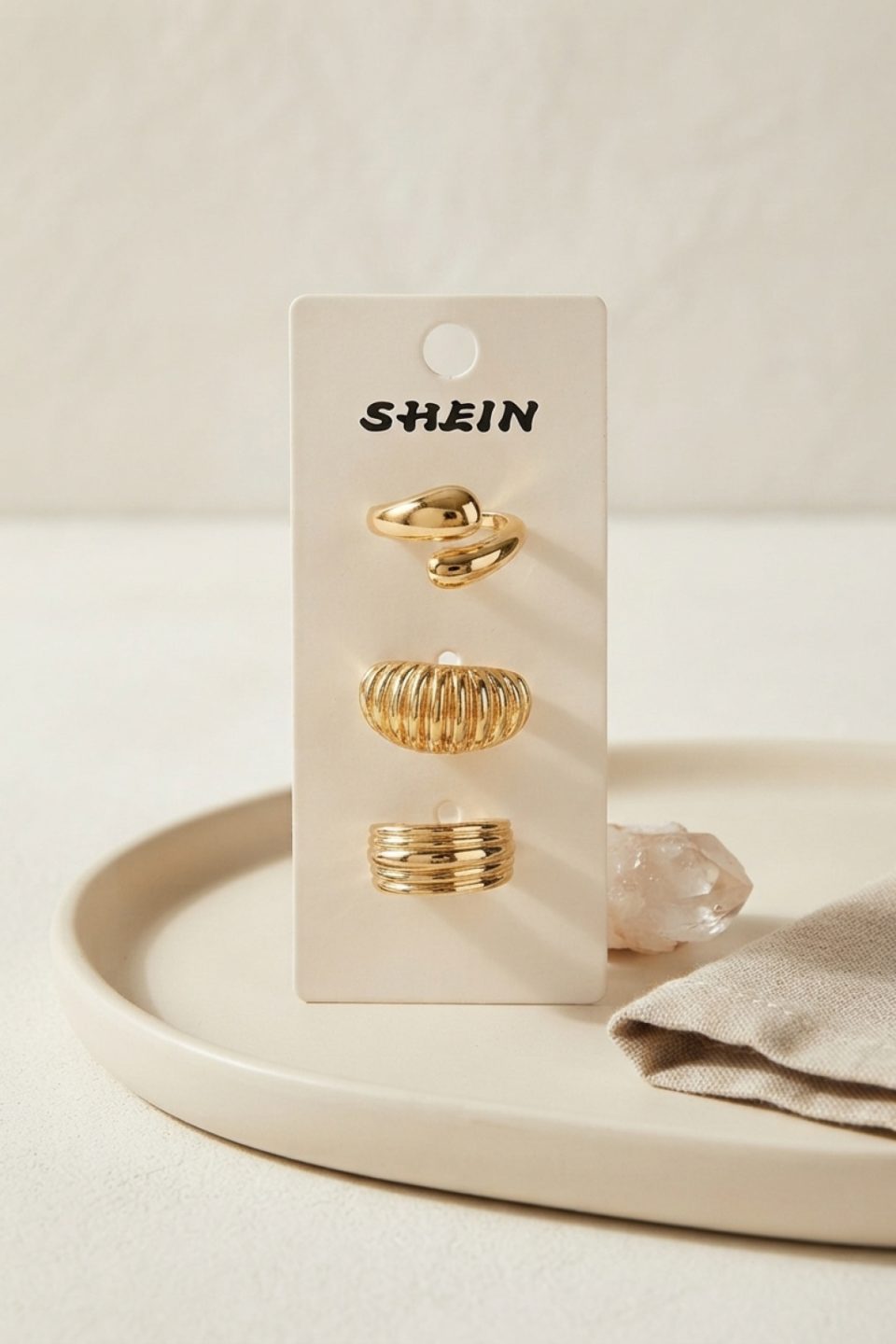 Shekka Gold Renk Pirinç 3'lü Vintage Kadın Yüzük Kombini BYK4298