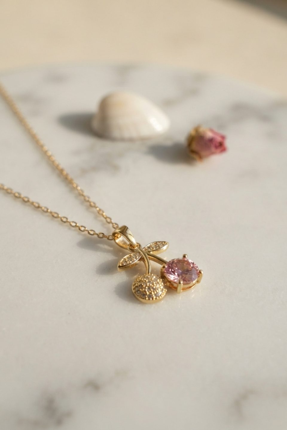Shekka 316L Çelik Zincir Gold Renk Pembe Kiraz Model Kolye