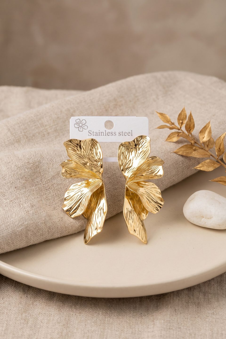 Shekka 316L Çelik Gold Renk Lotus Yaprak Model Kadın Küpe