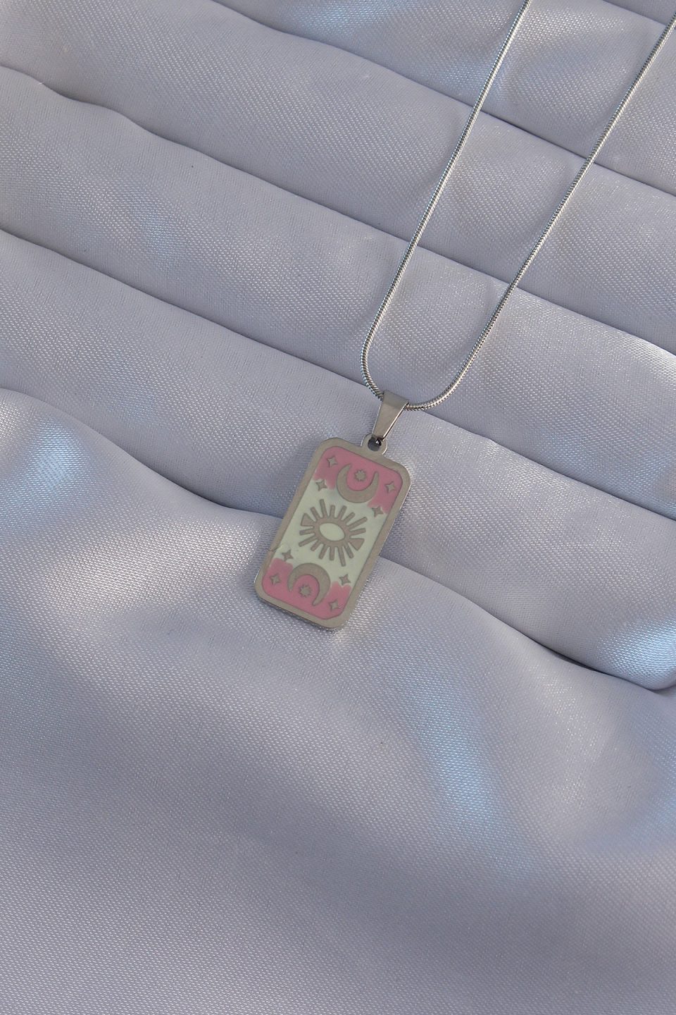 Shekka 316L Çelik Gümüş Renk Pembe Mineli Ay Figür Tarot Kolye — görsel 2