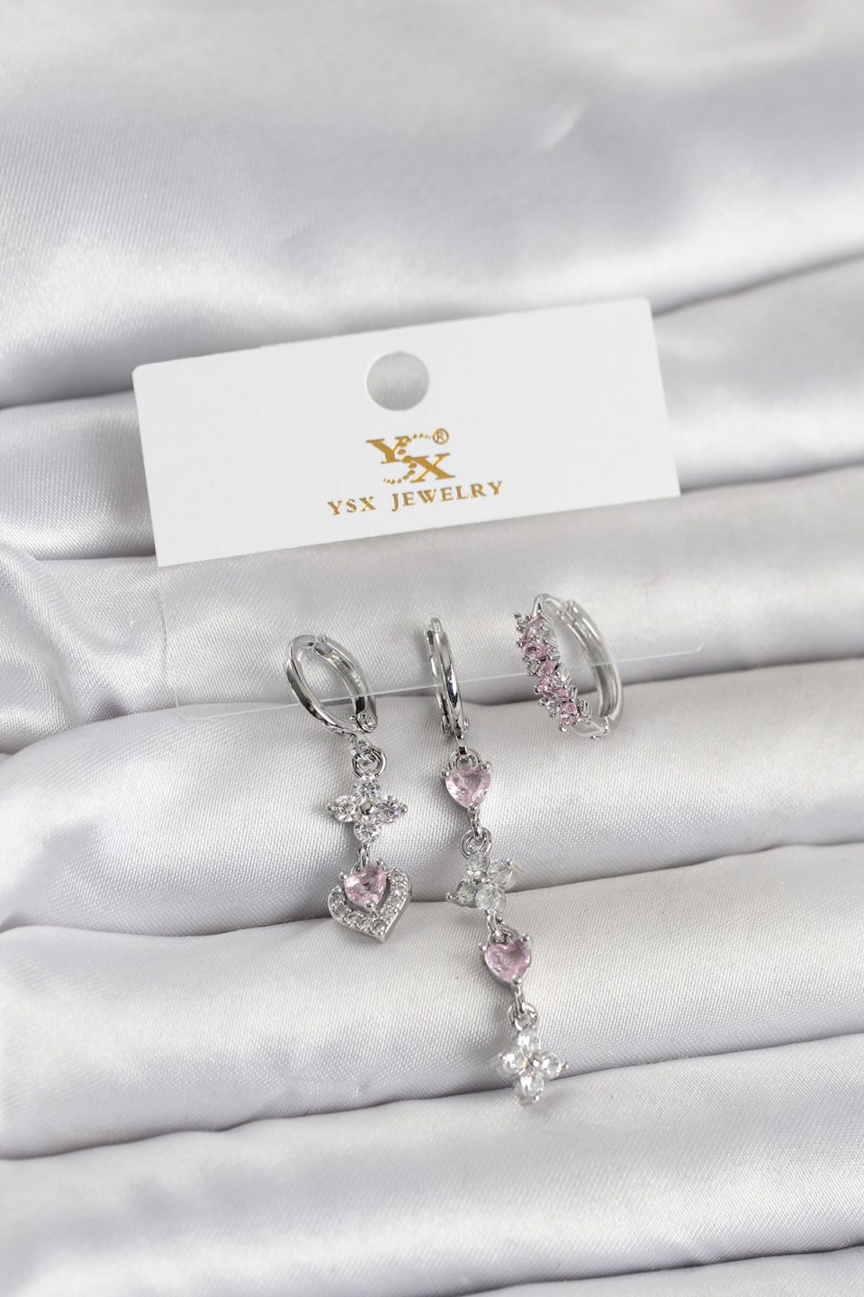Shekka Pirinç Gümüş Renk Pembe Zirkon Taşlı 3'lü Kadın Küpe
