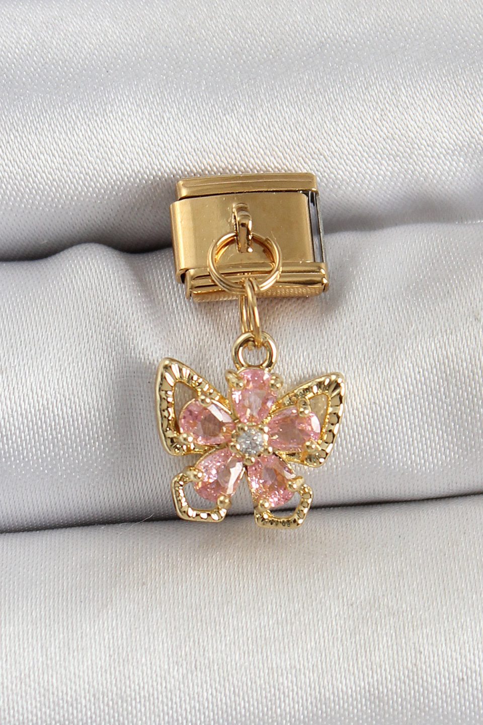 Shekka 316L Çelik Sallantılı Zirkon Taşlı Çiçek Figürlü Kelebek Model Gold Renk Nomination Charm