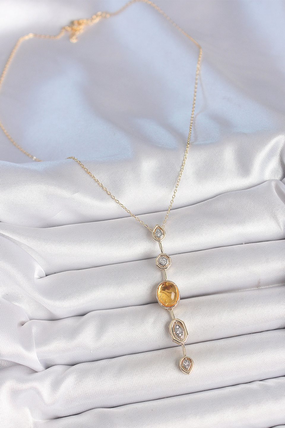 Shekka Pirinç Zincir Kehribar Sarı Gold Renk Zirkon Taşlı Y Kolye — görsel 2