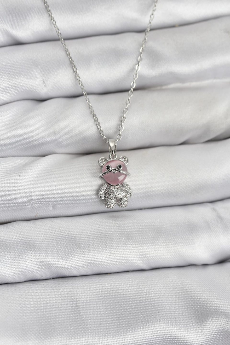 Shekka 316L Çelik Zincir Gümüş Renk Teddy Bear Model Zirkon Taşlı Kadın Kolye