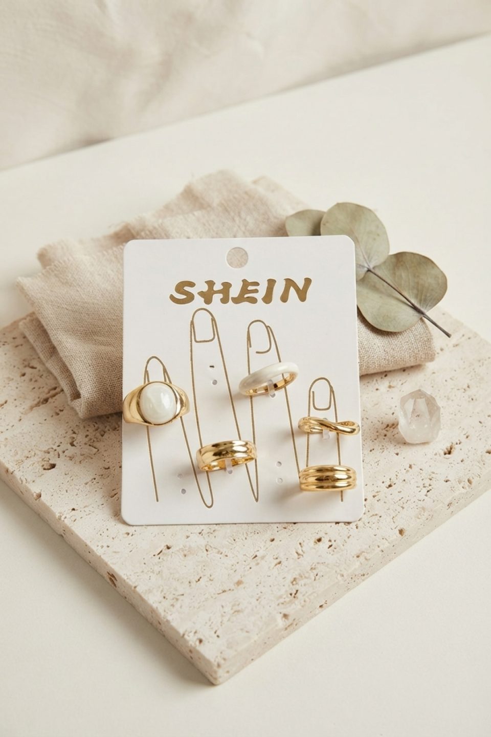 Shekka Gold Renk Pirinç Beyaz Detaylı Bohem Yüzük Kombini BYK4278