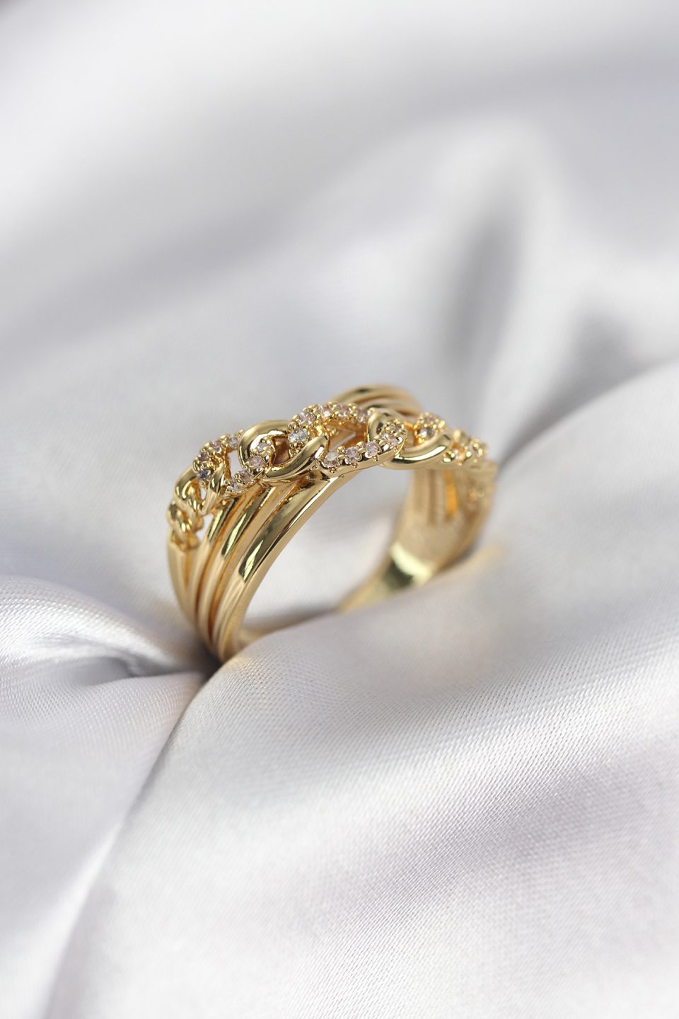 Shekka Gold Renk Zirkon Taşlı Zincir Model Kadın Yüzük