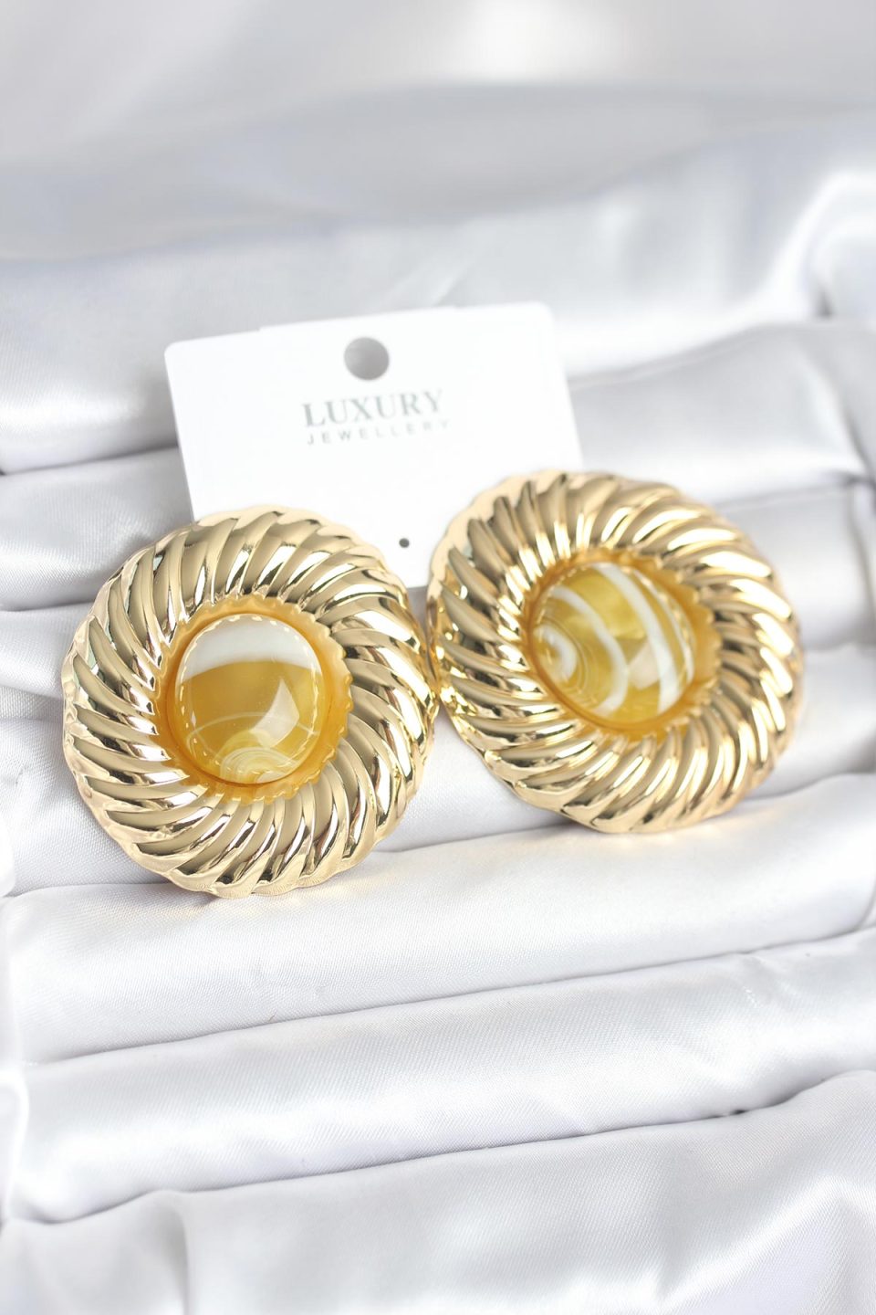 Shekka Pirinç Gold Renk Kehribar Boncuklu Vintage Kadın Küpe