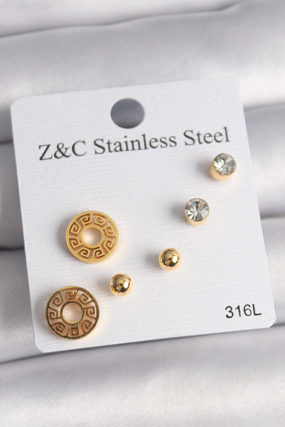 Shekka 316L Çelik Gold Renk Zirkon Taşı Labirent Model Kadın Küpe Seti