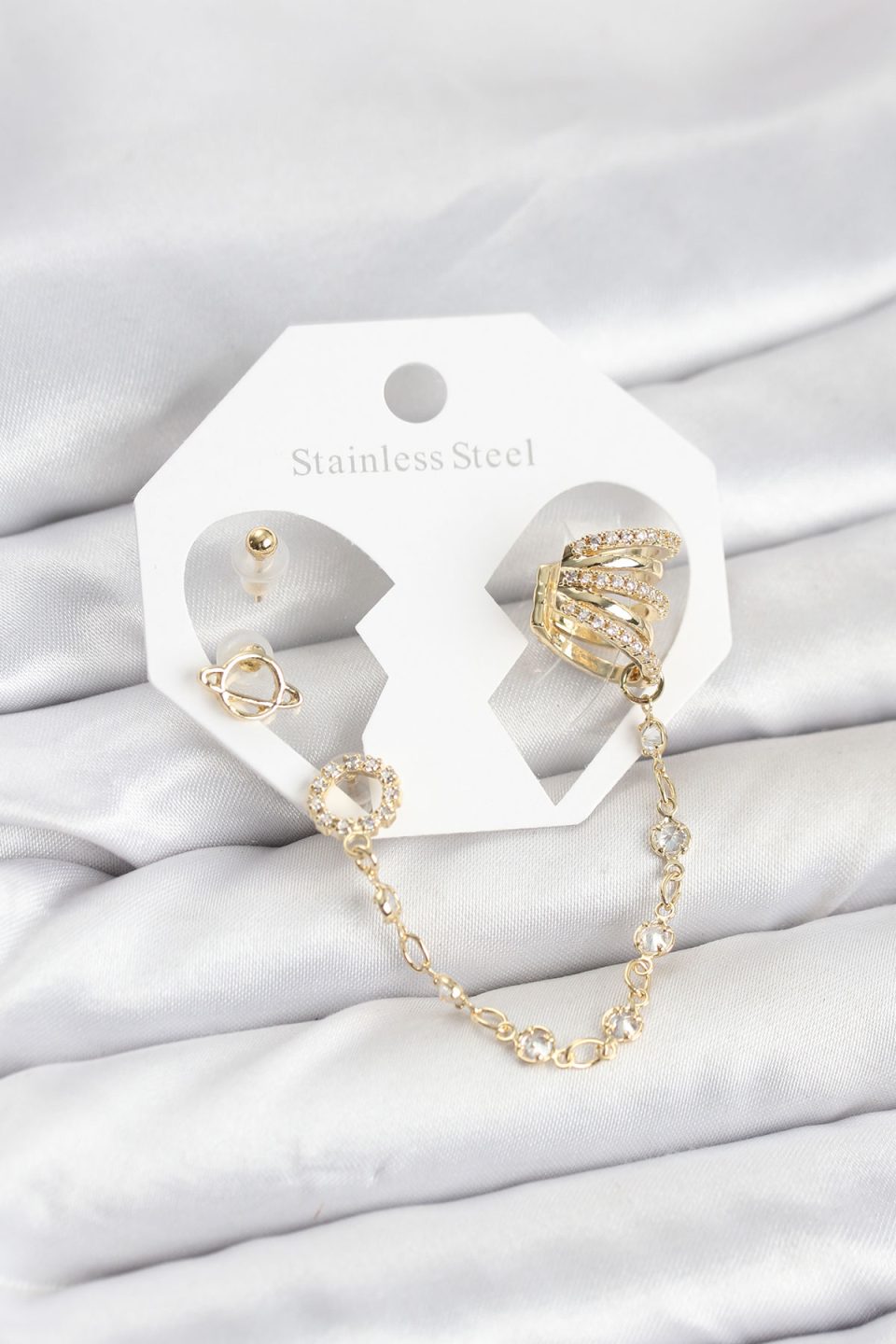 Shekka Uzay Model Pirinç Gold Renk Zincir Bağlantılı Ear Cuff Küpe Seti