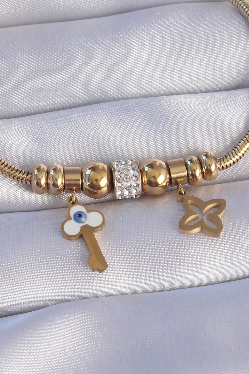Shekka 316L Çelik Gold Renk Zirkon Taşlı Yonca Detay Nazarlı Anahtar Tasarımlı Bileklik — görsel 2