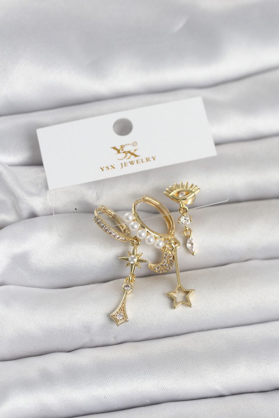 Shekka Pirinç Gold Renk Zirkon Taşlı Gece Temalı 3'lü Kadın Küpe