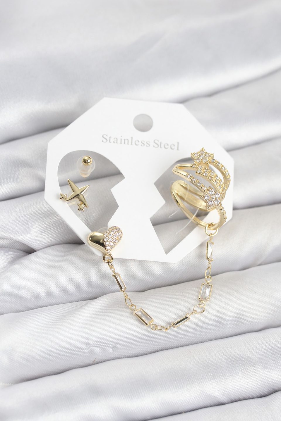 Shekka Kalp Yıldız Model Pirinç Gold Renk Zincir Bağlantılı Ear Cuff Küpe Seti