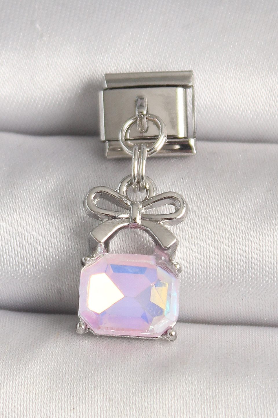 Shekka 316L Çelik Gümüş Renk Pembe Zirkon Taşlı Çanta Model Nomination Charm