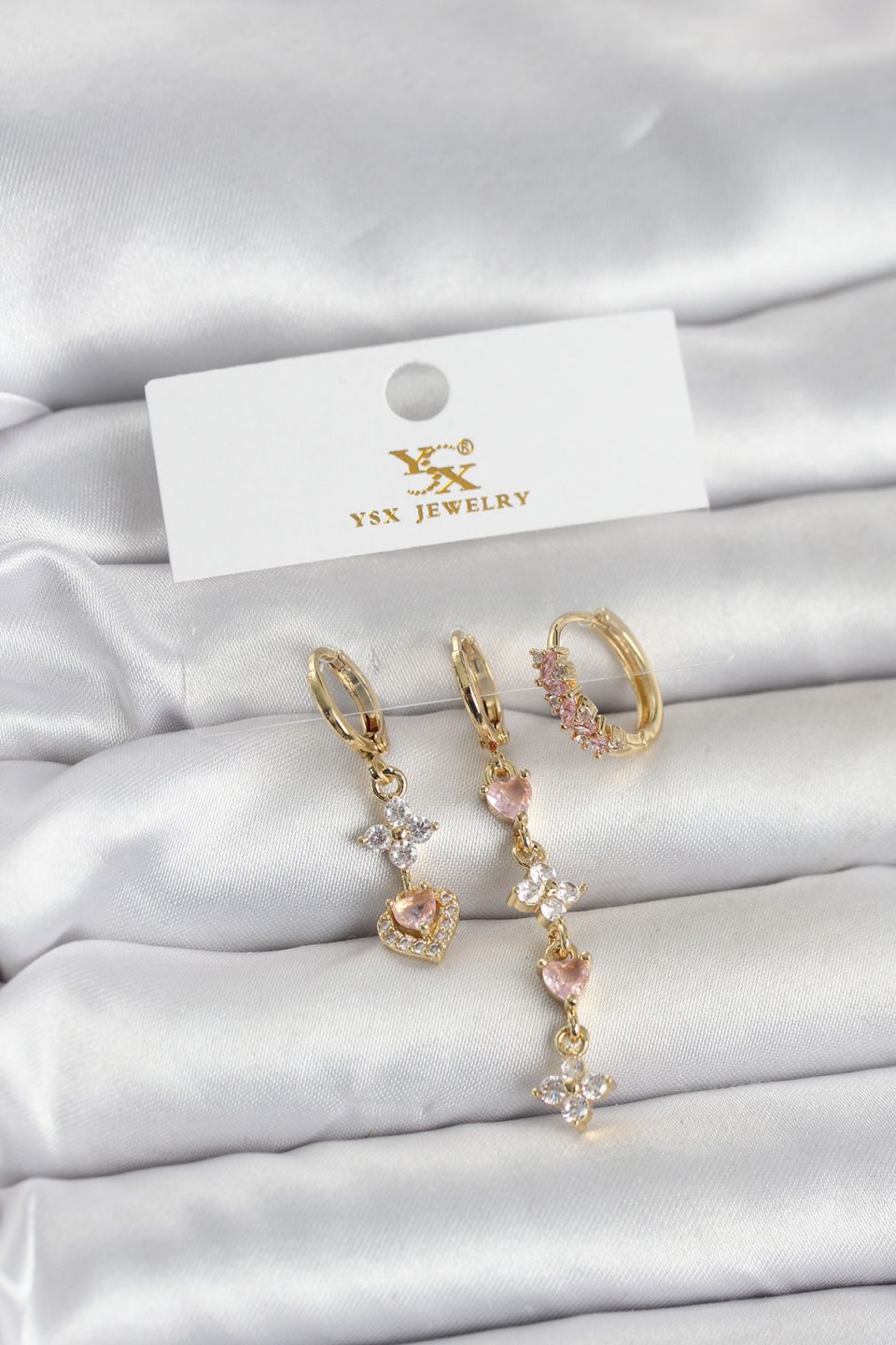 Shekka Pirinç Gold Renk Pembe Zirkon Taşlı 3'lü Kadın Küpe
