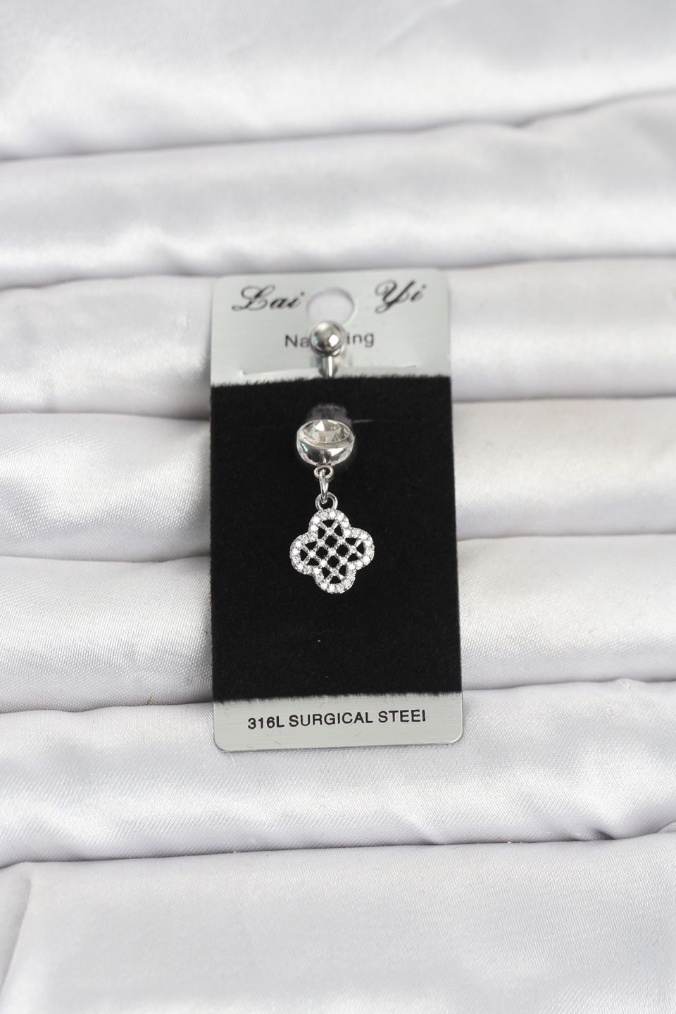 Shekka 316L Cerrahi Çelik Zirkon Taşlı Sallantılı Yonca Model Göbek Piercing