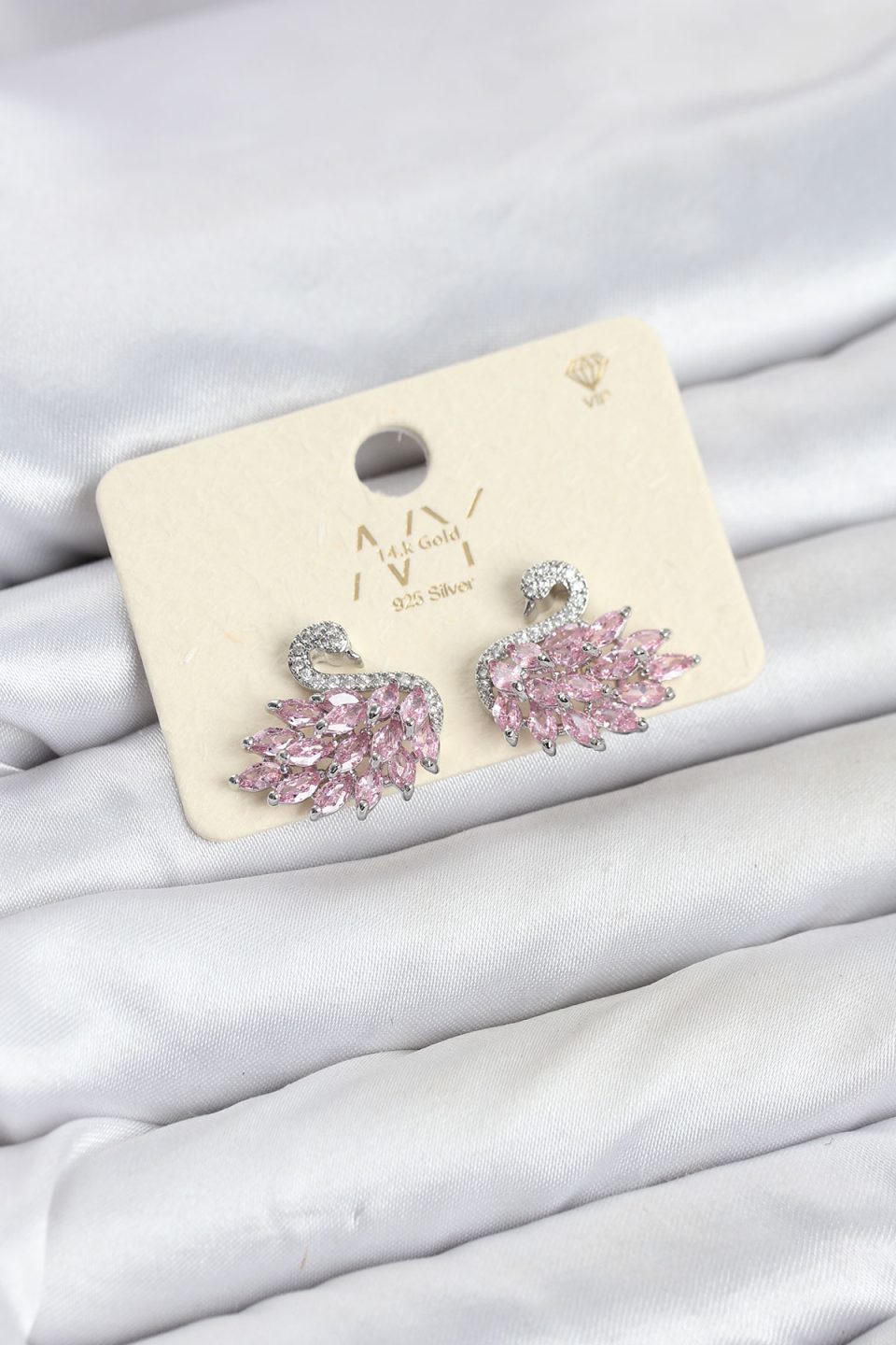 Shekka Pembe Zirkon Taşlı Gümüş Swan Kuğu Model Kadın Küpe
